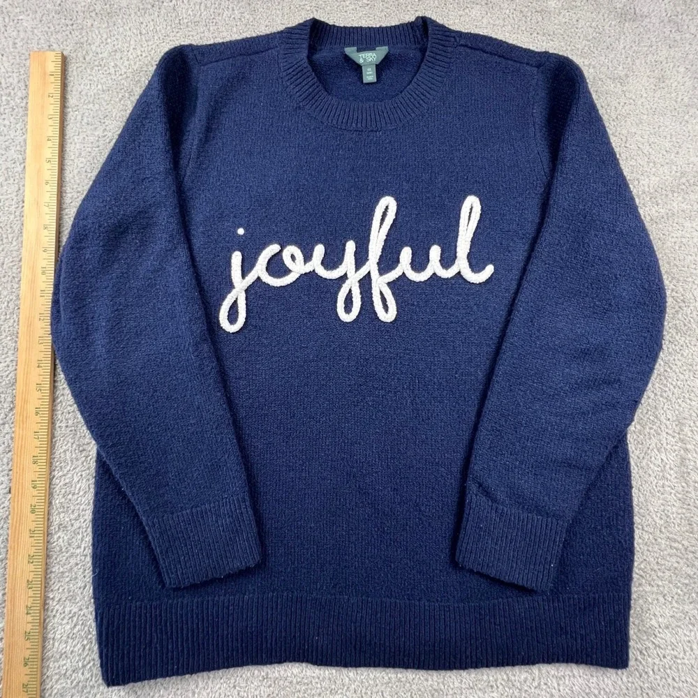 Joyful Graphic Sweater Womens 0X 14W Navy Blue Crewneck Terra & Sky